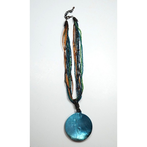 Mother of Pearl Pendant Necklace Dyed Ocean Blue Beaded Multi-Strand 24 in. - Picture 7 of 9